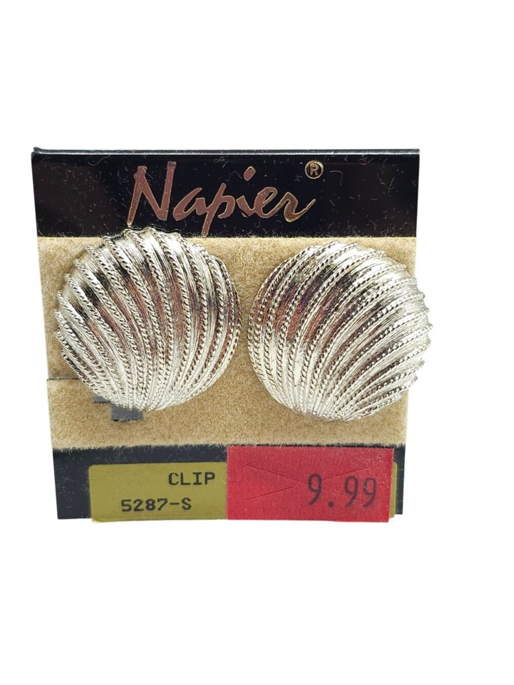 Napier Silver Tone Shell Clip-On Earrings With Ribbed Texture Design